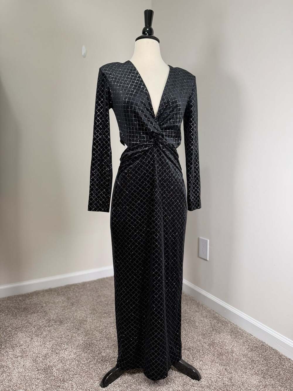 Zara Velvet Midi Dress Size M Black Silver Long Sleeve Formal Party Holiday
